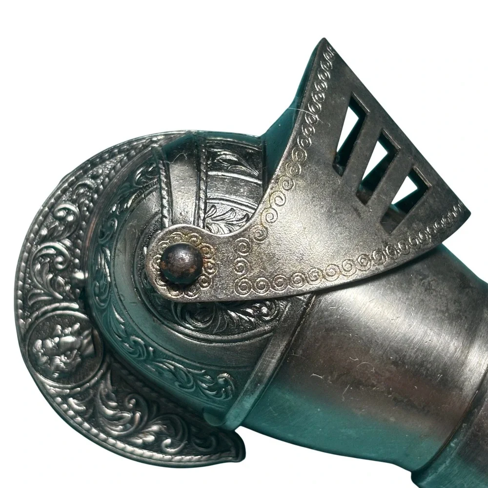 Bottle Pourer Silver Medieval Knight Helmet Movable Visor Embossed Metal Barware